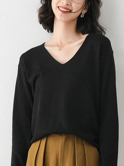 Women Autumn Casual Knitted Wool V-Neck Sweater