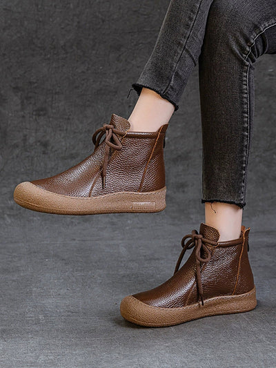 Women Winter Genuine Leather Strap Flat Boots