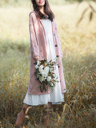 Women Autumn Artsy Knit Hooded Sweater Coat