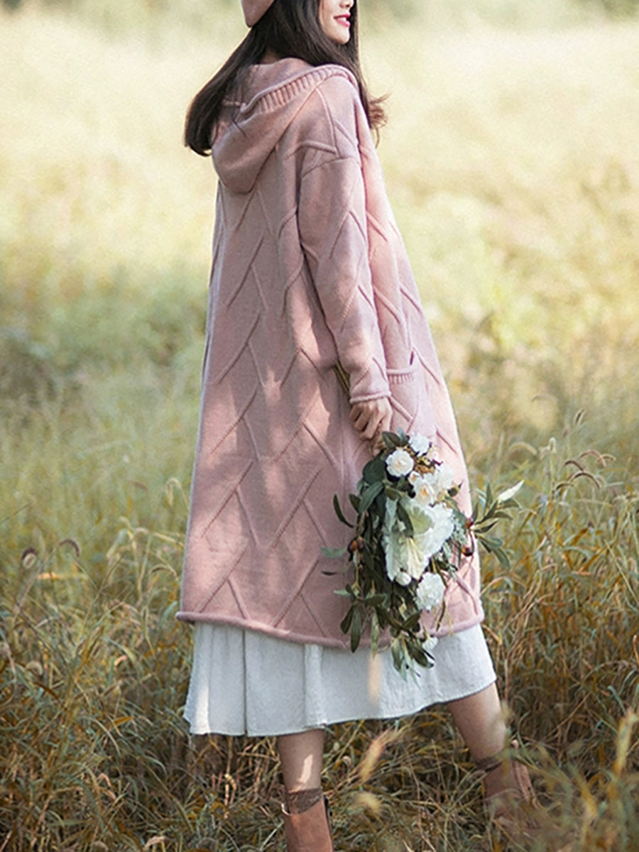 Women Autumn Artsy Knit Hooded Sweater Coat