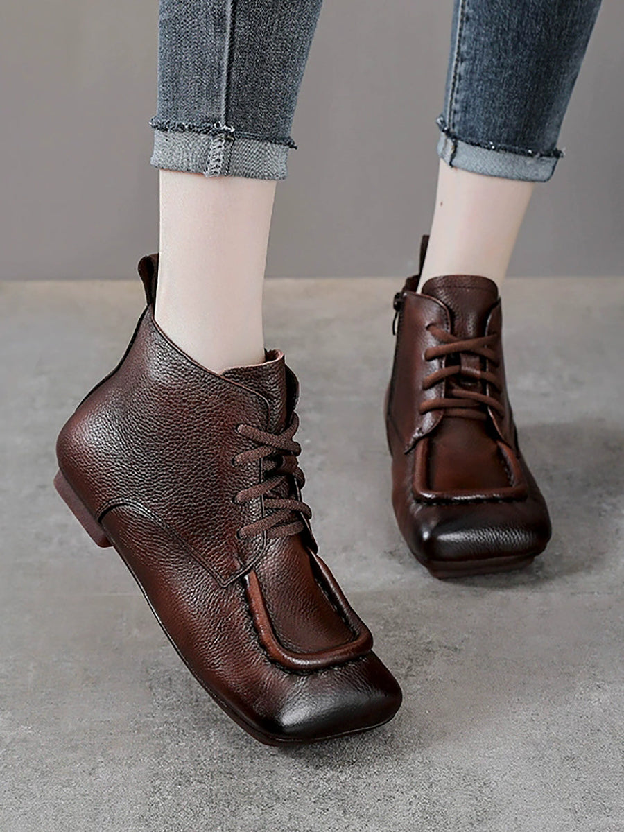 Women Vintage Genuine Leather Spliced Low Heel Boots