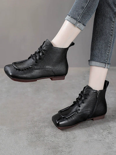 Women Vintage Genuine Leather Spliced Low Heel Boots