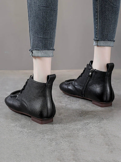 Women Vintage Genuine Leather Spliced Low Heel Boots