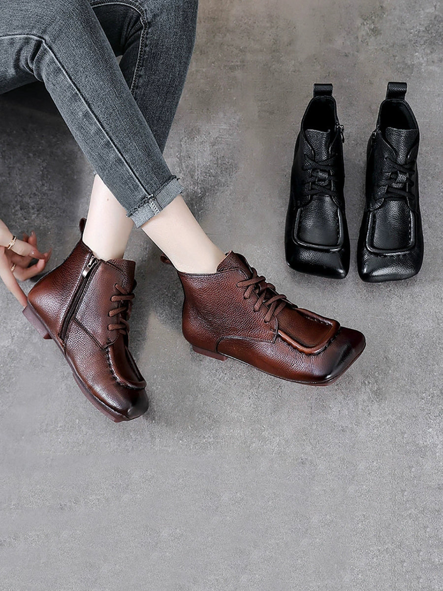 Women Vintage Genuine Leather Spliced Low Heel Boots