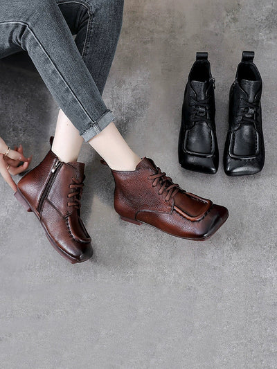 Women Vintage Genuine Leather Spliced Low Heel Boots