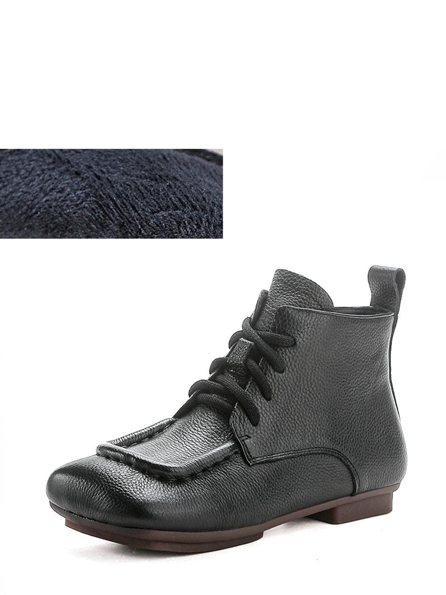 Women Vintage Genuine Leather Spliced Low Heel Boots