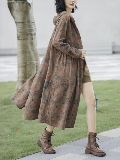 Women Autumn Retro Flower Linen Hooded Long Coat