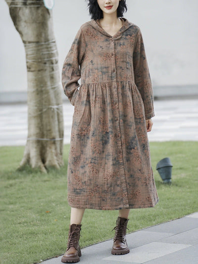 Women Autumn Retro Flower Linen Hooded Long Coat