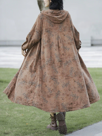 Women Autumn Retro Flower Linen Hooded Long Coat
