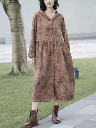 Women Autumn Retro Flower Linen Hooded Long Coat