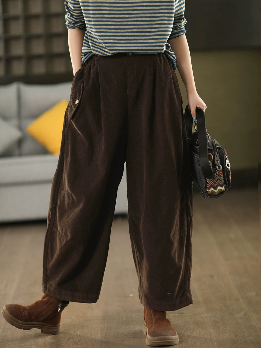 Women Autumn Retro Pure Color Corduroy  Harem Pants