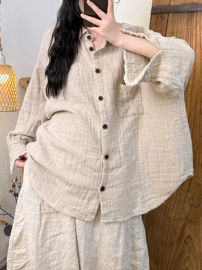 Women Autumn Retro Pure Color Turn-down Collar Linen Shirt