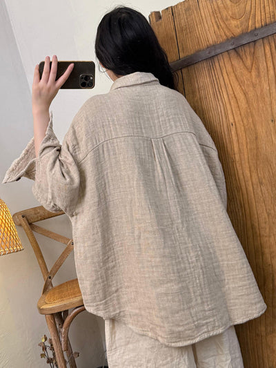 Women Autumn Retro Pure Color Turn-down Collar Linen Shirt