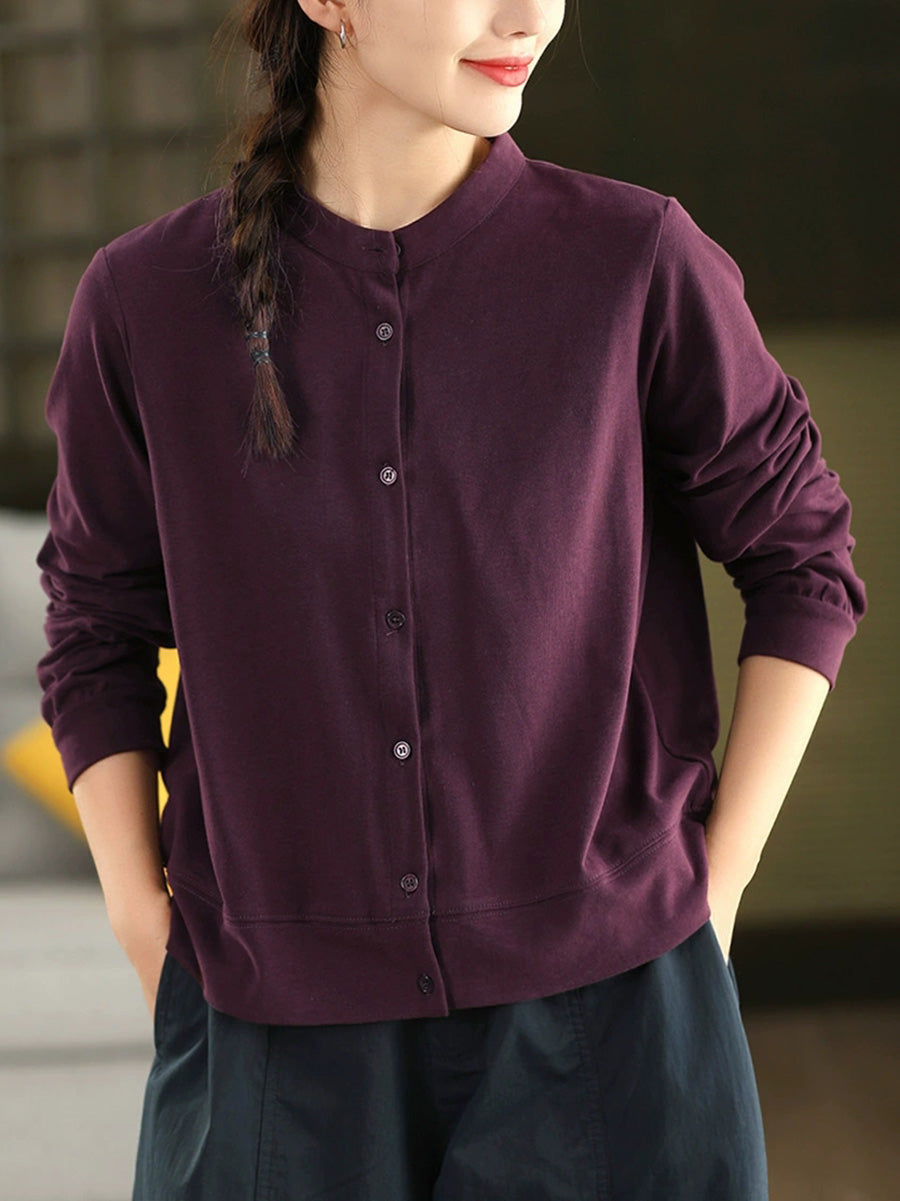 Women Autumn Casual Pure Color 100%Cotton O-Neck Shirt