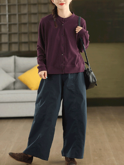 Women Autumn Casual Pure Color 100%Cotton O-Neck Shirt