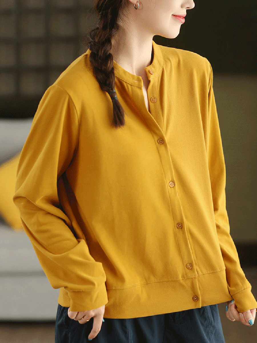 Women Autumn Casual Pure Color 100%Cotton O-Neck Shirt