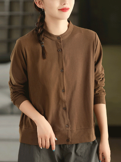 Women Autumn Casual Pure Color 100%Cotton O-Neck Shirt