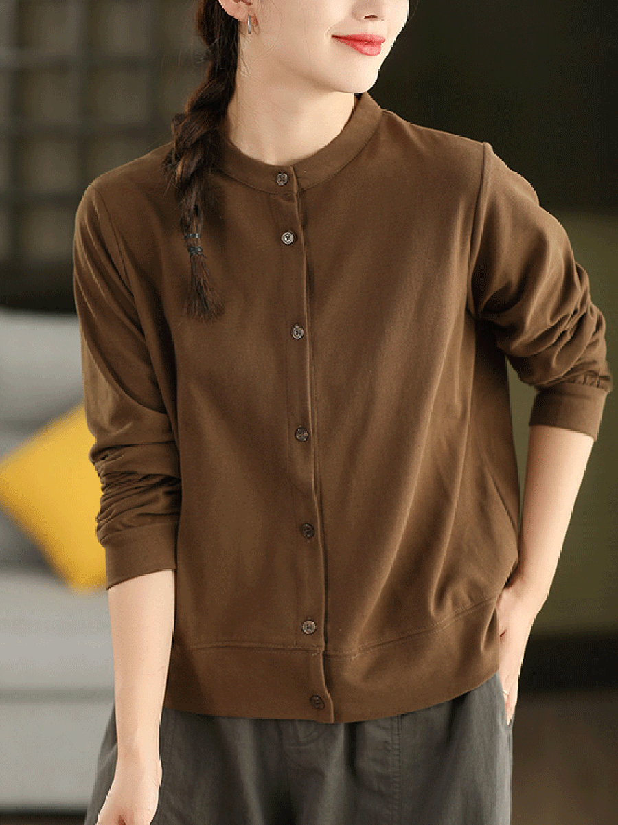 Women Autumn Casual Pure Color 100%Cotton O-Neck Shirt