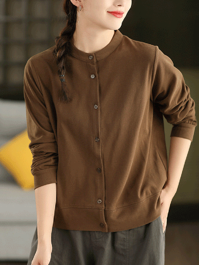 Women Autumn Casual Pure Color 100%Cotton O-Neck Shirt
