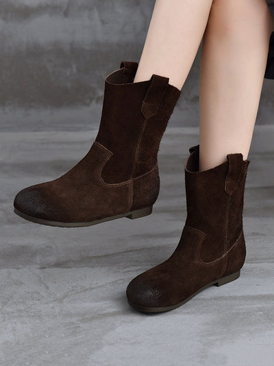 Women Vintage Genuine Leather Spliced Low Heel Boots
