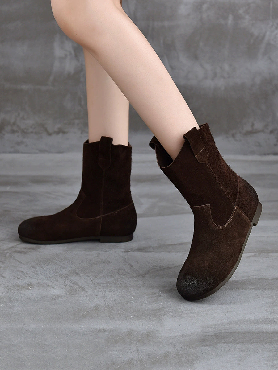 Women Vintage Genuine Leather Spliced Low Heel Boots