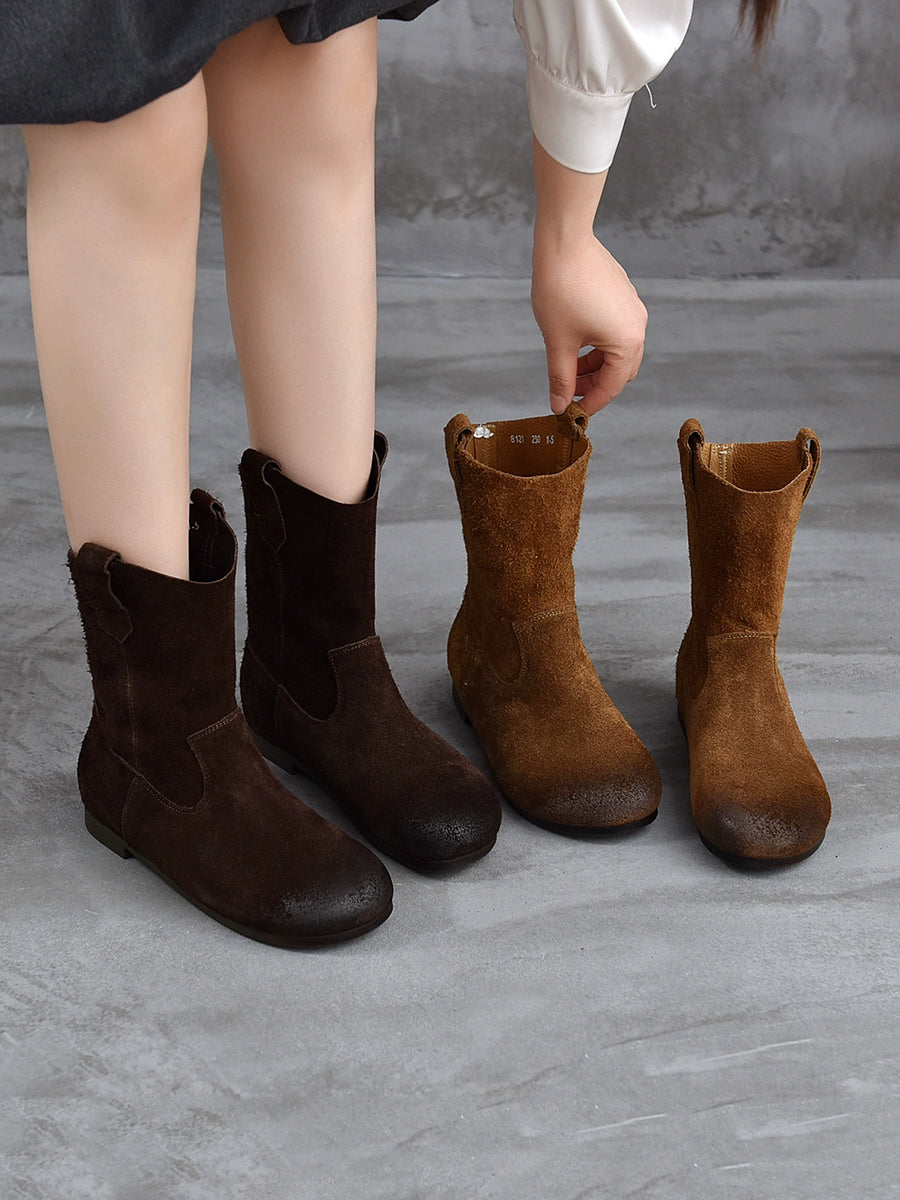 Women Vintage Genuine Leather Spliced Low Heel Boots