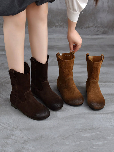 Women Vintage Genuine Leather Spliced Low Heel Boots
