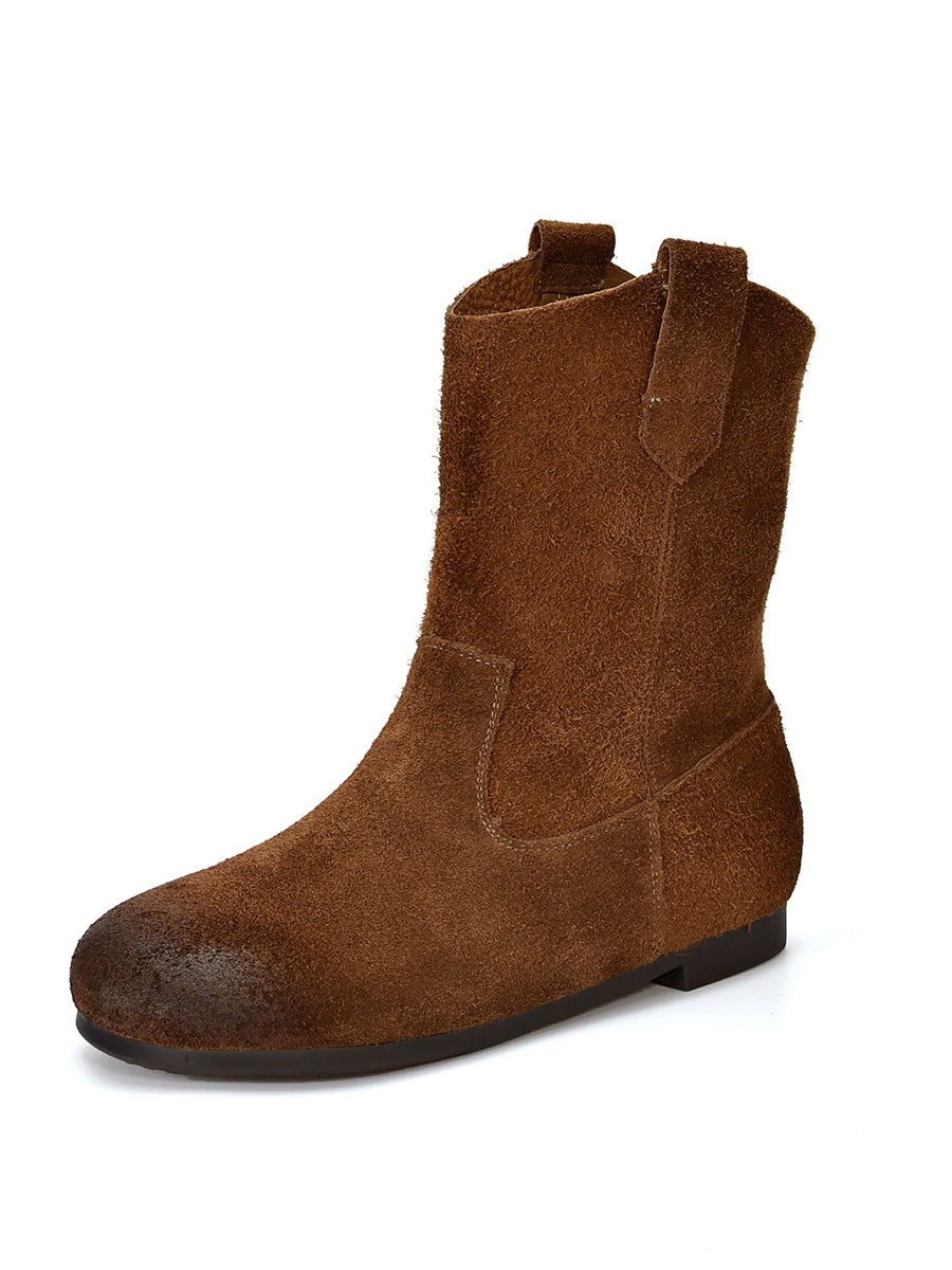 Women Vintage Genuine Leather Spliced Low Heel Boots