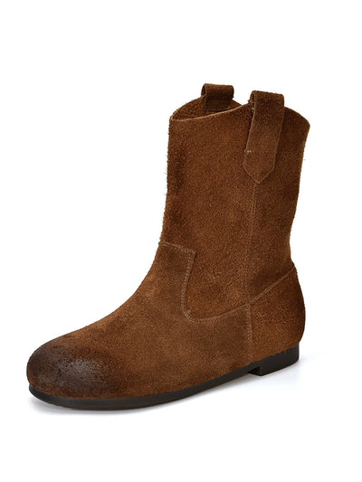 Women Vintage Genuine Leather Spliced Low Heel Boots