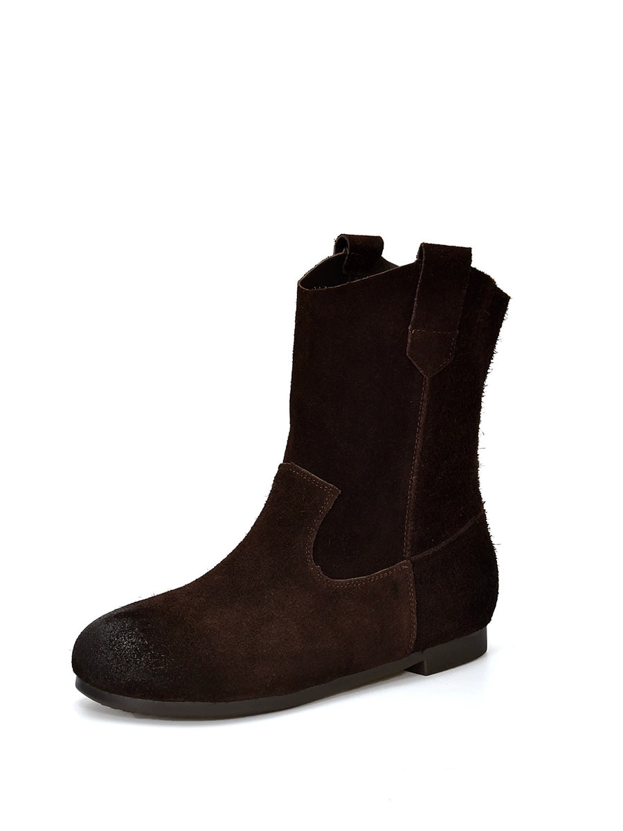 Women Vintage Genuine Leather Spliced Low Heel Boots