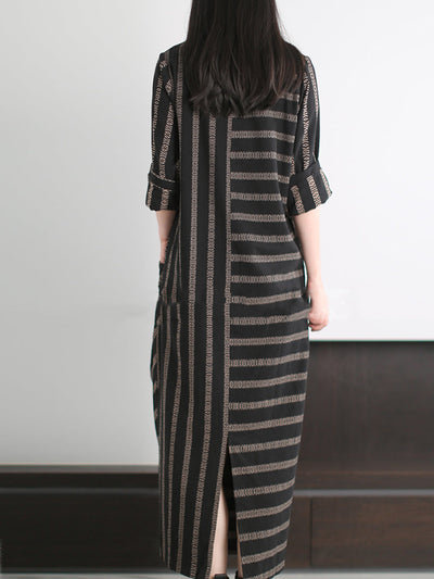 Plus Size Women Autumn Retro Stripe V-Neck 100%Cotton Dress