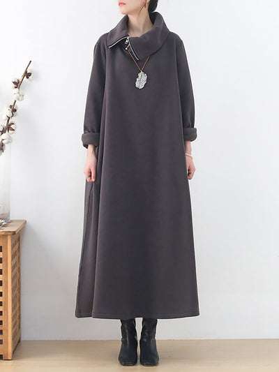 Plus Size Women Autumn Pure Color Turtleneck Cotton Dress