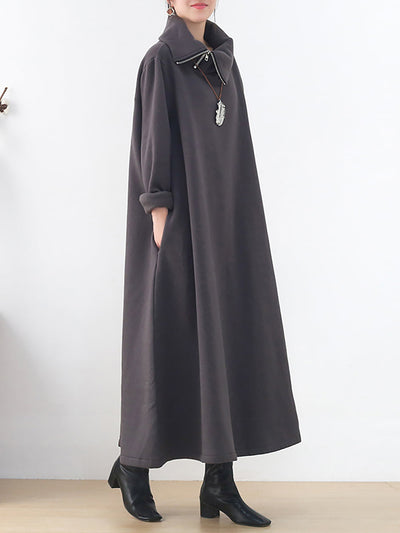 Plus Size Women Autumn Pure Color Turtleneck Cotton Dress