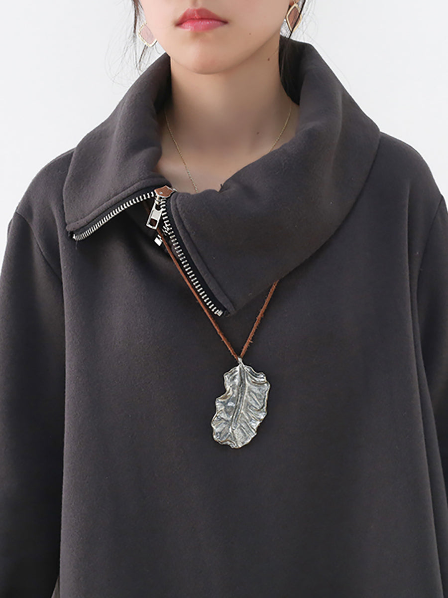 Plus Size Women Autumn Pure Color Turtleneck Cotton Dress