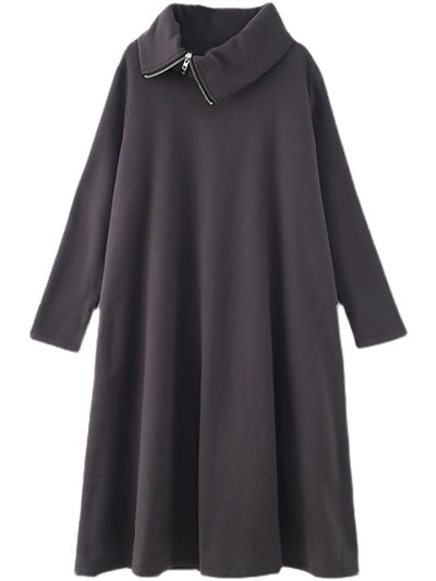 Plus Size Women Autumn Pure Color Turtleneck Cotton Dress