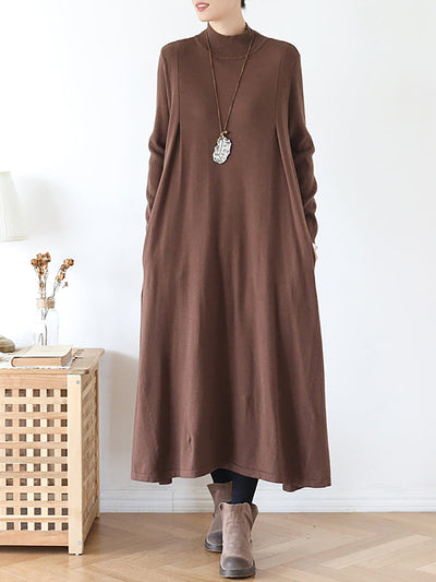 Women Autumn Casual Pure Color Half-Turtleneck Dress
