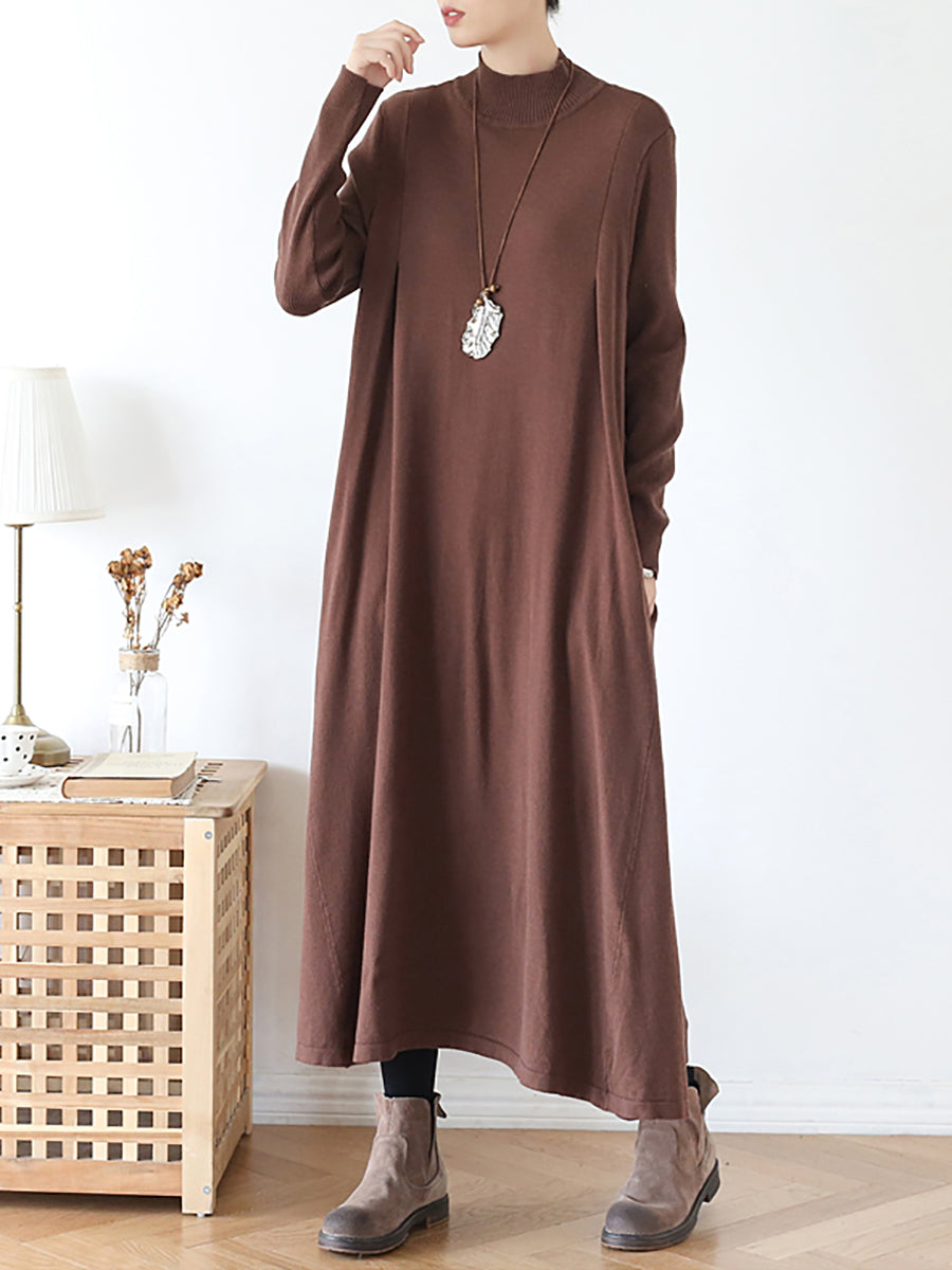 Women Autumn Casual Pure Color Half-Turtleneck Dress