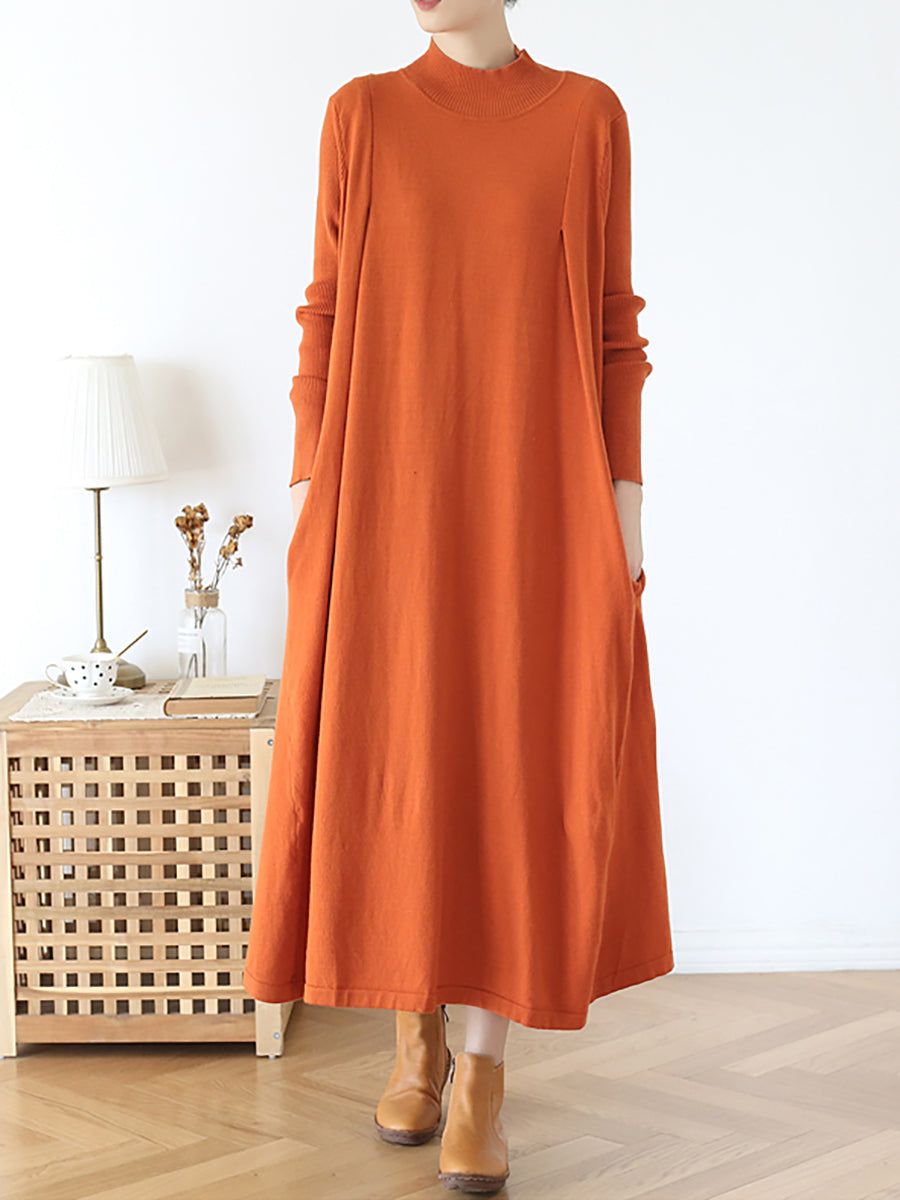 Women Autumn Casual Pure Color Half-Turtleneck Dress