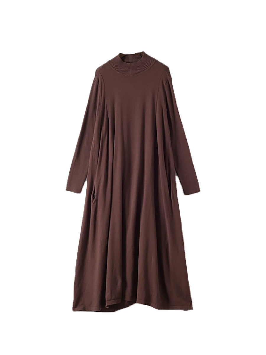 Women Autumn Casual Pure Color Half-Turtleneck Dress
