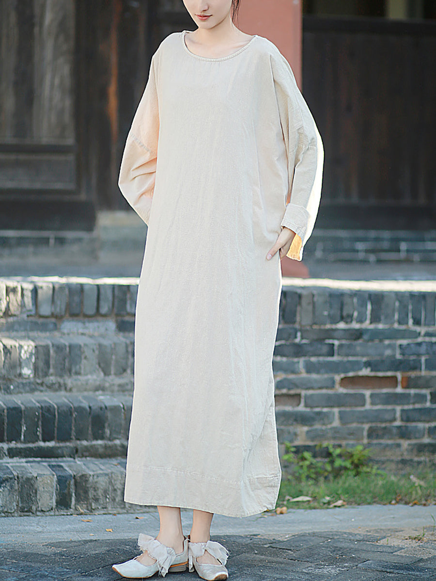 Women Autumn Retro Pure Color O-Neck Cotton Linen Dress
