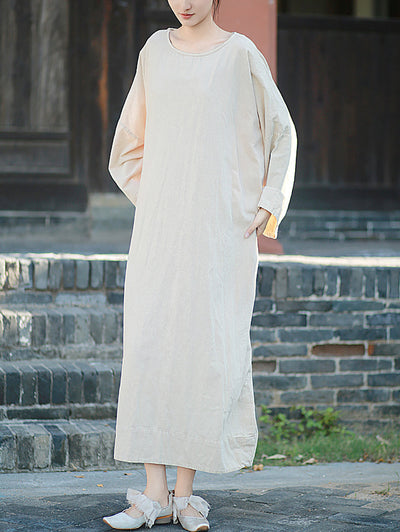 Women Autumn Retro Pure Color O-Neck Cotton Linen Dress