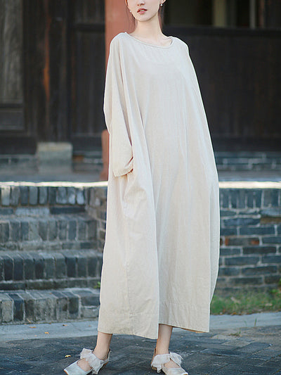 Women Autumn Retro Pure Color O-Neck Cotton Linen Dress