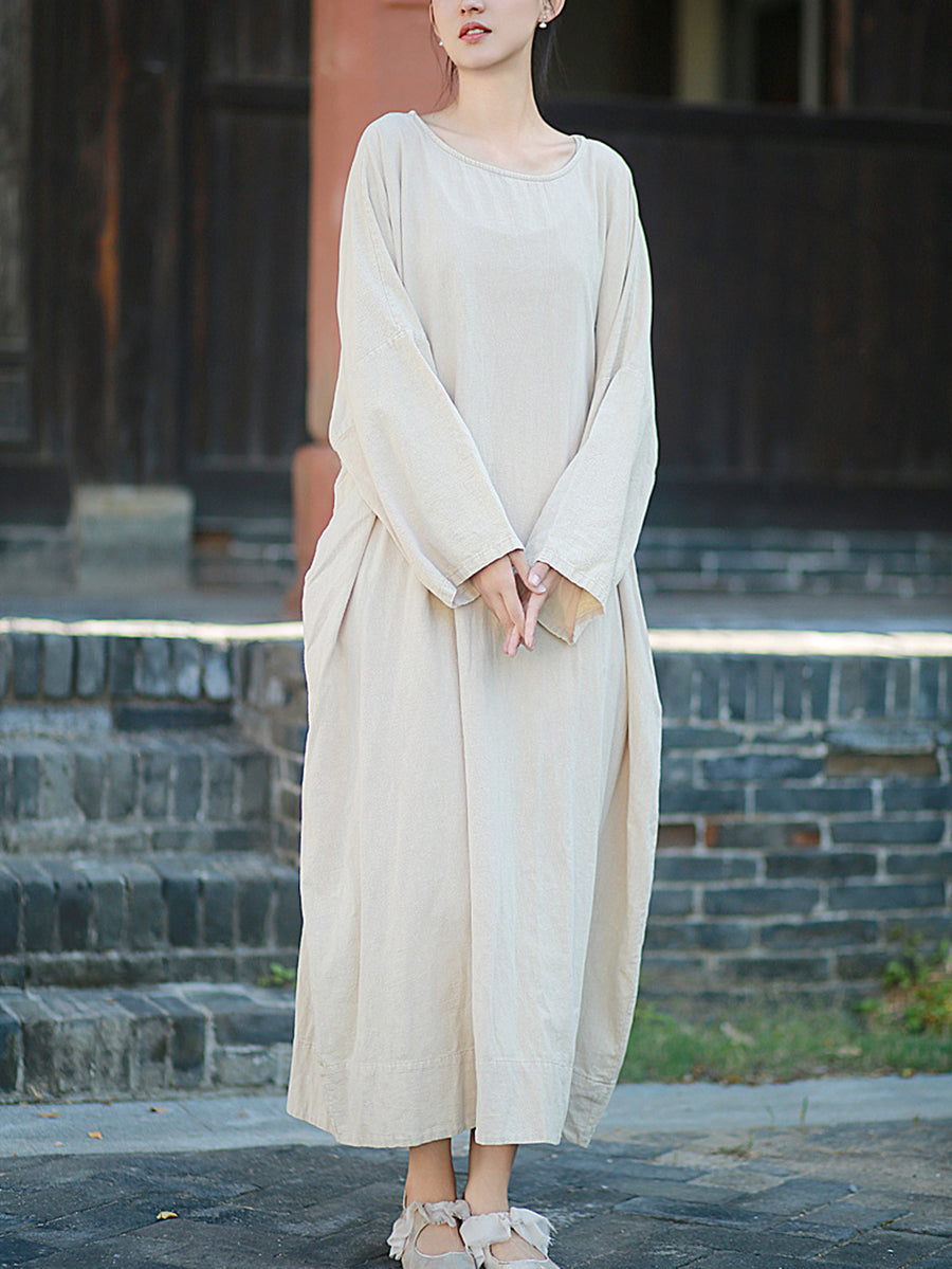 Women Autumn Retro Pure Color O-Neck Cotton Linen Dress