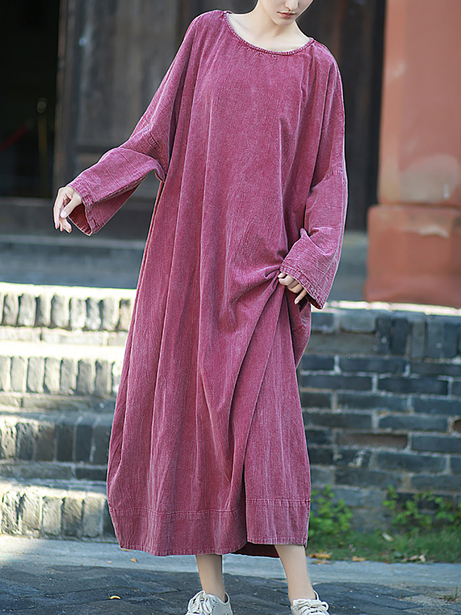 Women Autumn Retro Pure Color O-Neck Cotton Linen Dress