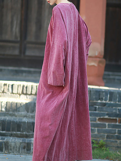 Women Autumn Retro Pure Color O-Neck Cotton Linen Dress