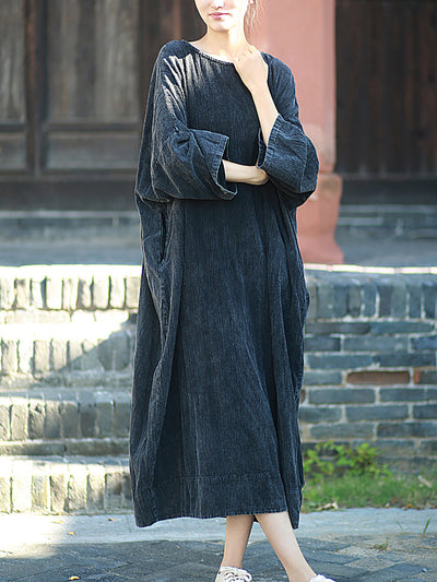 Women Autumn Retro Pure Color O-Neck Cotton Linen Dress