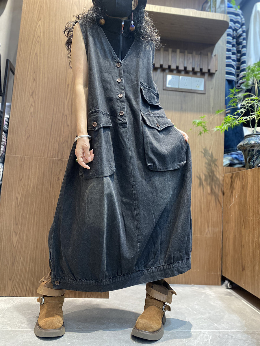 Women Summer Vintage Pocket V-Neck 100%Cotton Vest Dress