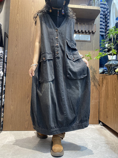 Women Summer Vintage Pocket V-Neck 100%Cotton Vest Dress