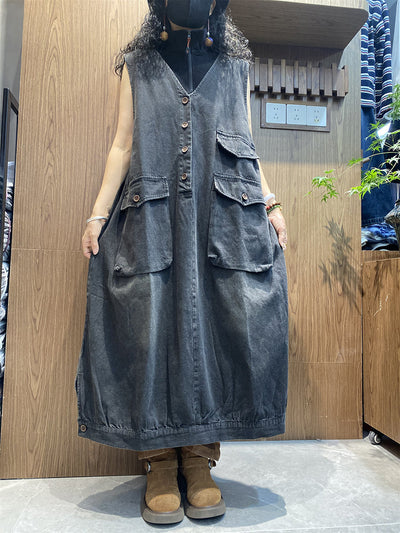 Women Summer Vintage Pocket V-Neck 100%Cotton Vest Dress