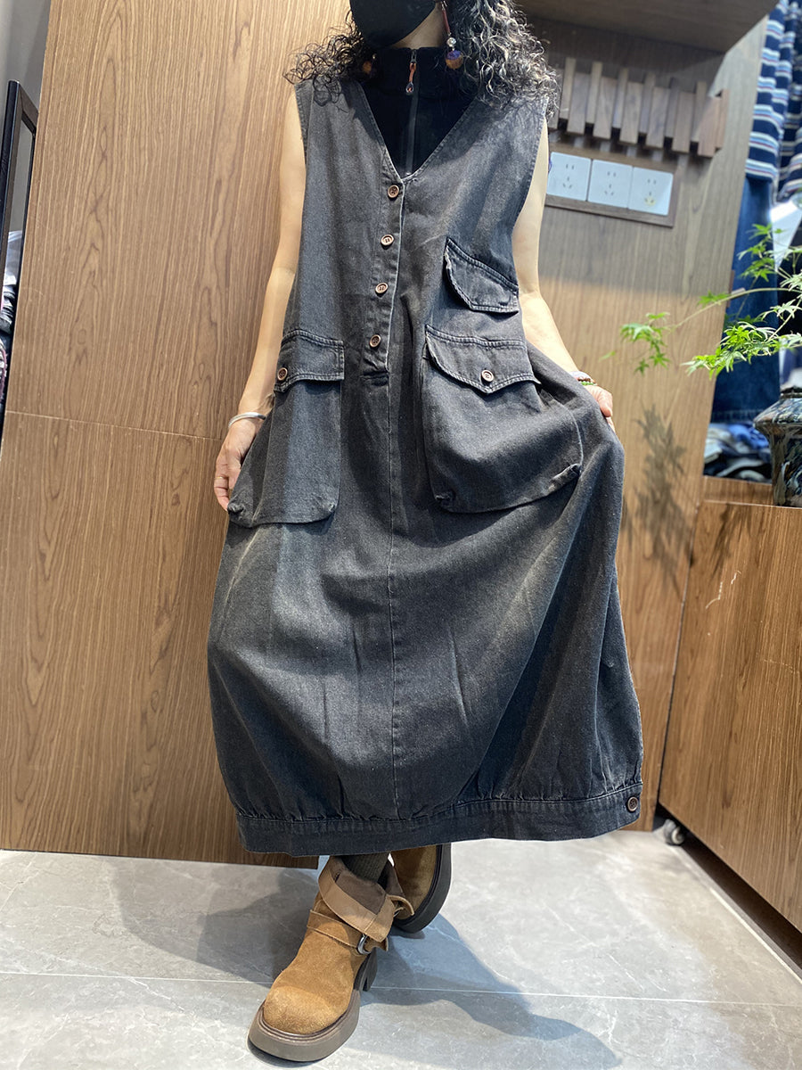 Women Summer Vintage Pocket V-Neck 100%Cotton Vest Dress